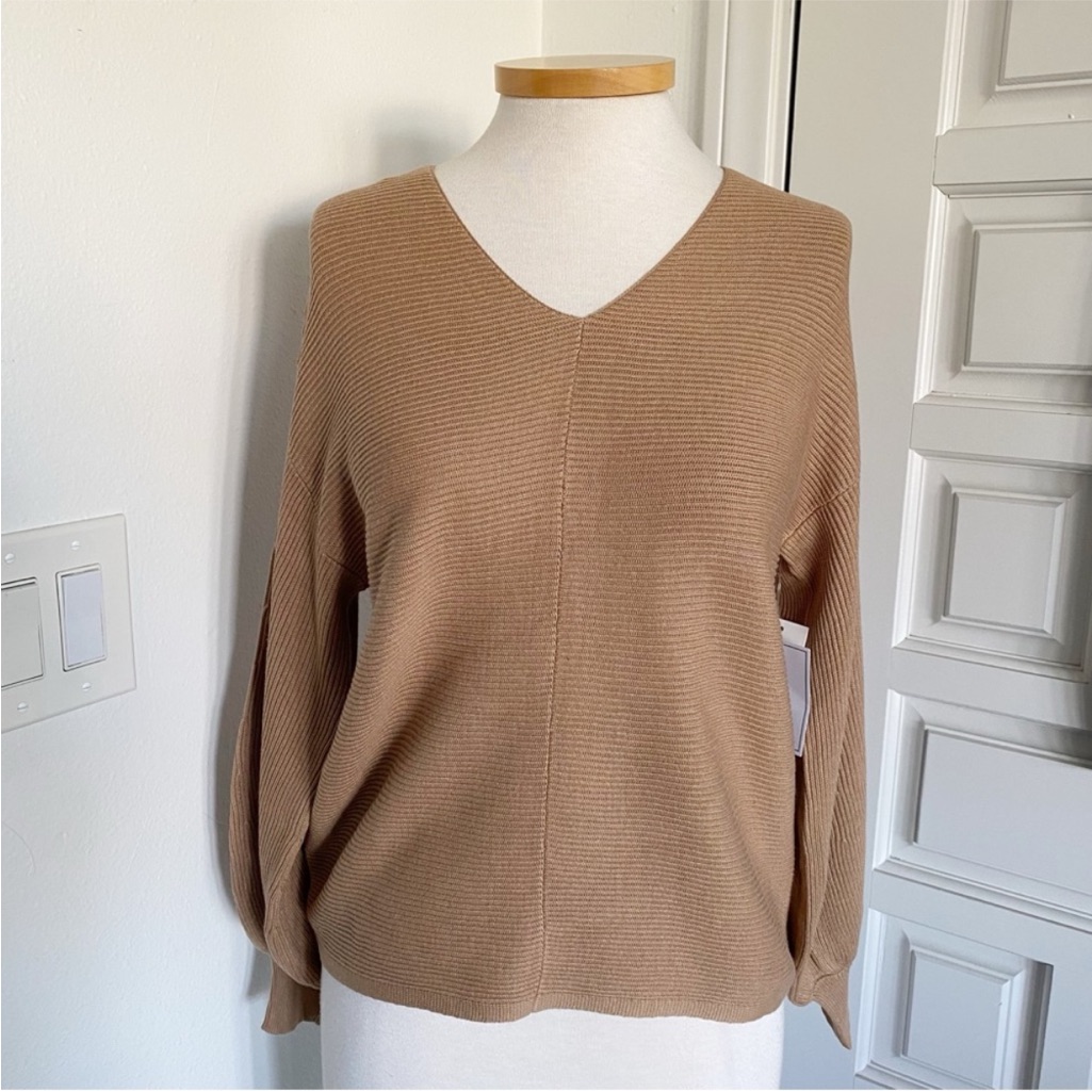 Nwt 1. State Sweater Rib Knit Balloon Long Sleeve Wild Oak Tan Neutral Camel